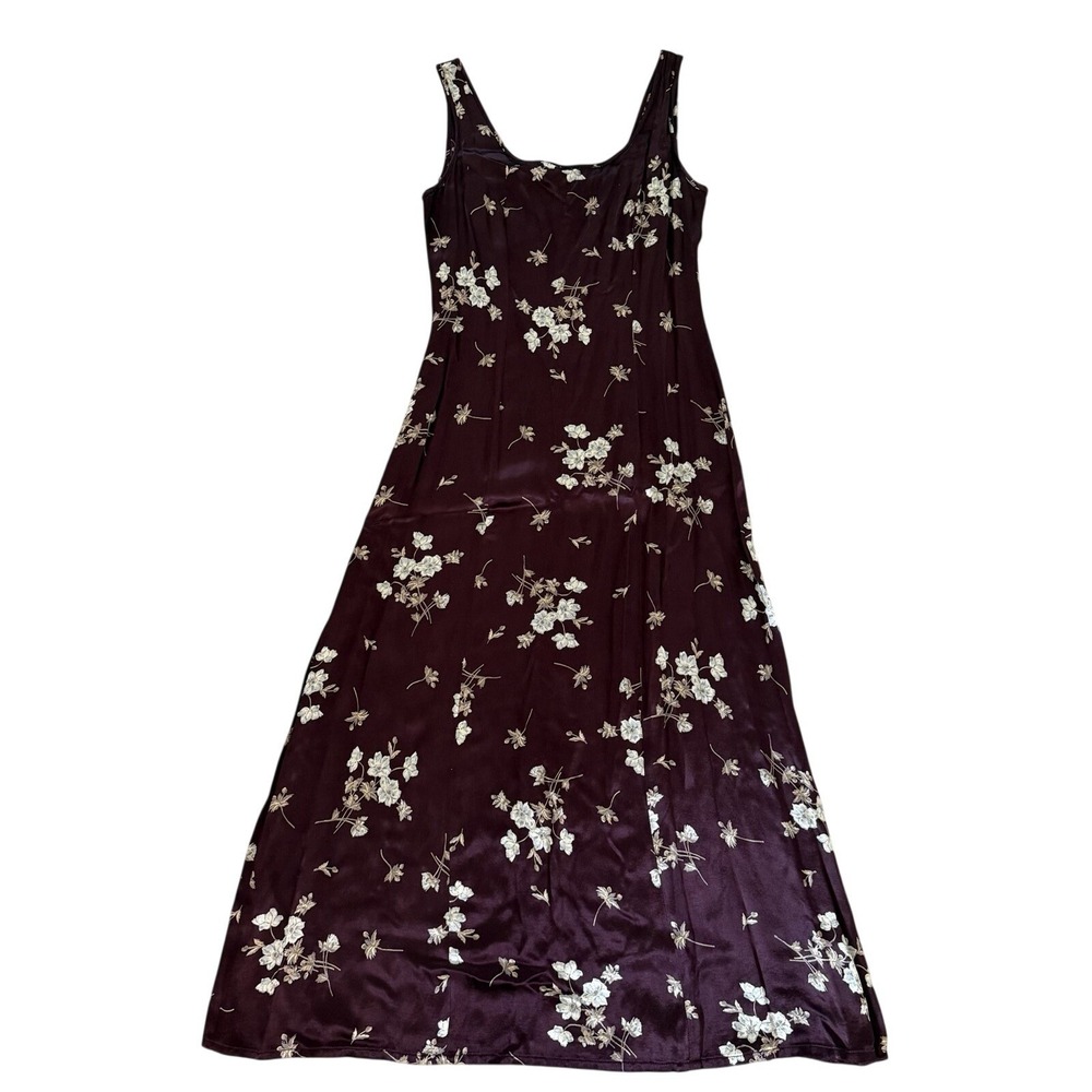 Vintage 90s Y2K Burgundy Satin Floral Midi Maxi Dress Sz 4/S Whimsigoth Grunge